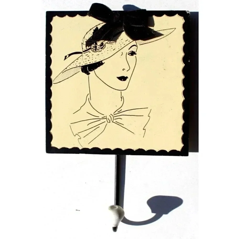 Vtg Single Retro Women In Hat Black & White Wall Hanging Hat / Scarf HOLDER Hook